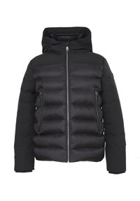 Giacca a vento nera con cappuccio, dotata di chiusura lampo frontale, due tasche laterali e design cucito per isolamento e calore.