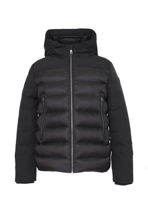 Giacca a vento nera con cappuccio, dotata di chiusura lampo frontale, due tasche laterali e design cucito per isolamento e calore.