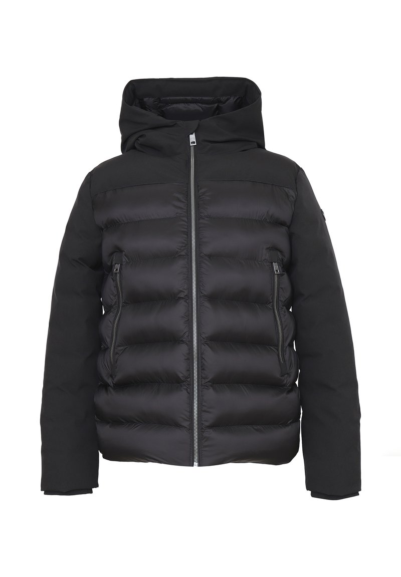 Giacca a vento nera con cappuccio, dotata di chiusura lampo frontale, due tasche laterali e design cucito per isolamento e calore.