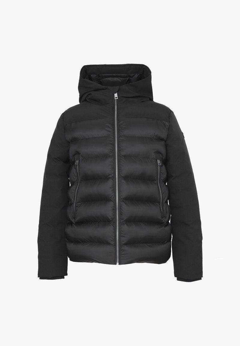 Giacca a vento nera con cappuccio, dotata di chiusura lampo frontale, due tasche laterali e design cucito per isolamento e calore.