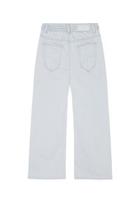 Lichtblauwe, wijde jeans met een elastische tailleband, twee achterzakken en subtiele stiksels. Soepele denimtextuur.