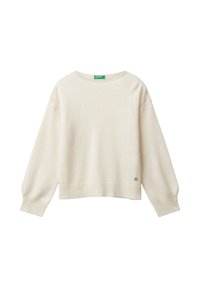 Helles Cremepullover aus weichem Stoff; hat einen runden Halsausschnitt, gerippte Säume und dezente Details an den Ärmeln. Kleines Logo am Saum.