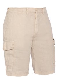 Beige Cargo-Shorts aus leichtem Material, mit einem Kordelzugbund, Seitentaschen und einer Cargo-Tasche am linken Bein.