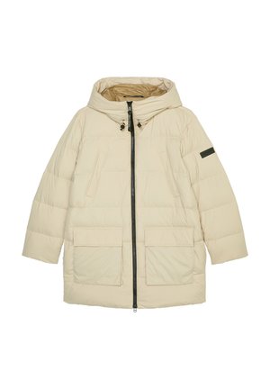 Beige puffer jacket featuring a hood, front zip closure, two large front pockets, and a black accent on the sleeve. Smooth texture.