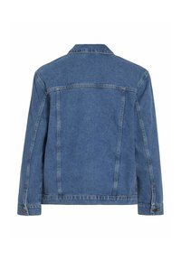 Veste en jean bleue vue de dos avec col, manches longues, coutures visibles et poignets boutonnés.