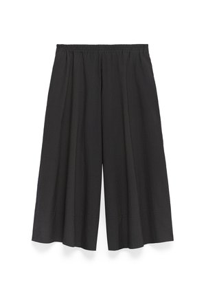 Culotte neri a gamba larga con vita elasticizzata, caratterizzati da un sottile motivo a righe verticali e un tessuto leggero e testurizzato.