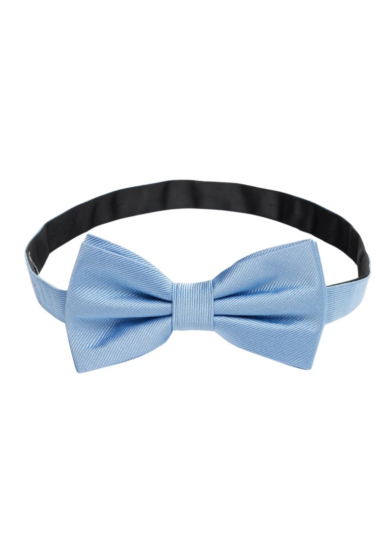 Ljusblå satängfluga med svart justerbar nackrem, visad mot en vit bakgrund.