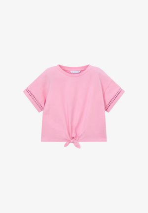 Maglietta rosa a maniche corte con scollo tondo, orlo decorativo traforato sulle maniche e nodo a fiocco sul fondo davanti.