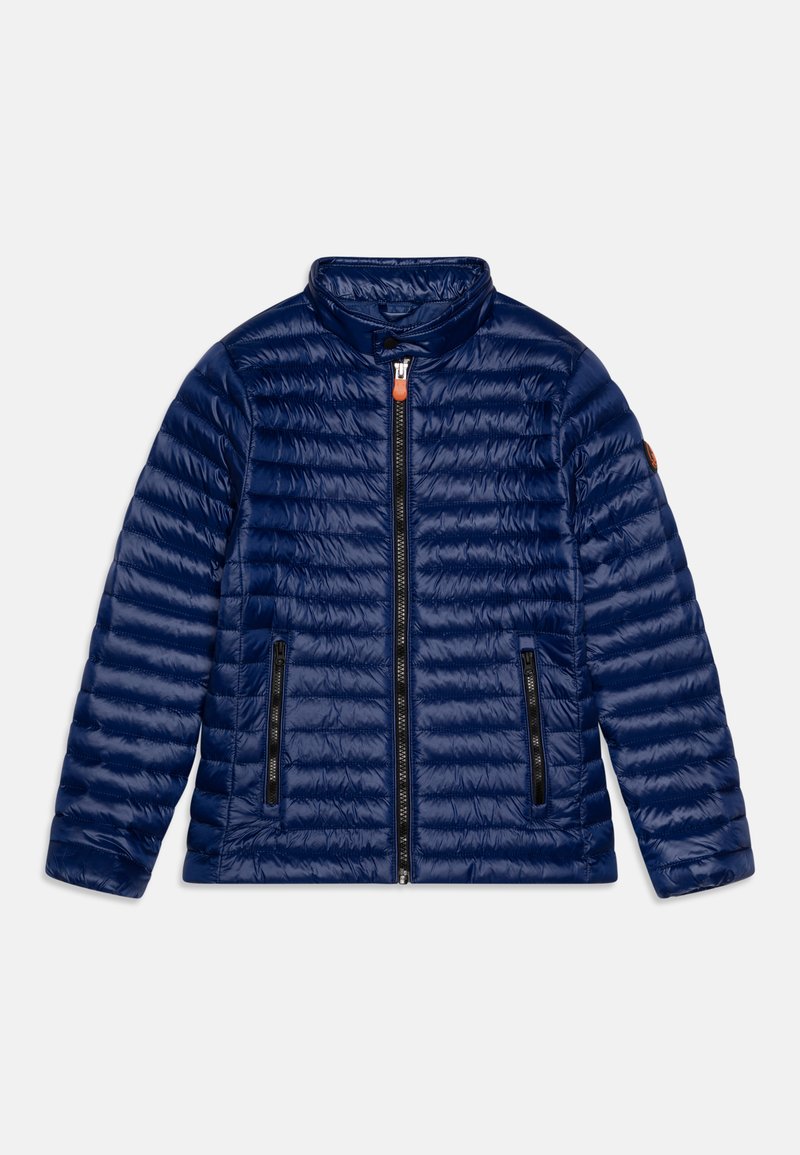 Navy puffer jacket with a stand collar, horizontal quilted pattern, front zipper closure, and two zippered side pockets.