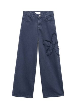Marineblauwe wijdvallende jeans met voorzakken en een gestructureerde bloemenpatch op de rechterdij.