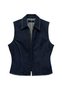 Ärmelloses Denim-Top in Dunkelblau mit spitzem Kragen und Reißverschluss vorne. Geschwungene Nähte sorgen für Form, mit Kontraststeppungen als Detail.