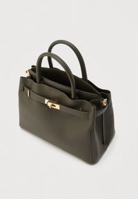 Sac à main en cuir vert foncé avec double poignée, détail de fermoir doré et forme structurée. Comprend des compartiments internes pour l'organisation.