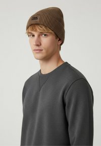 Bruine geribbelde gebreide beanie met logo; gedragen met een donkergrijze sweatshirt met een gestructureerd oppervlak en een ronde halsontwerp.