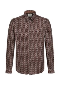 Langarmshirt in bruin met een geometrisch patroon in roze, groen en crème tinten. Voorzien van een klassieke kraag en een knoopsluiting aan de voorkant.