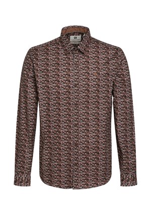 Ilgas rankovės marškiniai rudos spalvos su geometriniu raštu rožinėmis, žaliosiomis ir kreminėmis spalvomis. Yra klasikinis apykaklė ir priekinis mygtukų uždarymas.