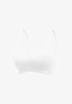 Weißer, weicher Bügel-BH mit verstellbaren Trägern, nahtlosem Design und glatter Textur. Der Stoff scheint dehnbar und atmungsaktiv zu sein.