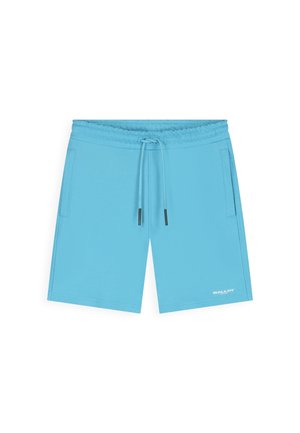Lichtblauwe casual short met elastische tailleband en trekkoord, zijzakken en klein wit "BALLIN'" logo vlak bij de zoom.