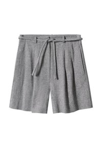 Pantaloni corti grigi plissettati in tessuto diversamente intrecciato, con una cintura in vita, taglio dritto e un motivo a spina di pesce testurizzato.