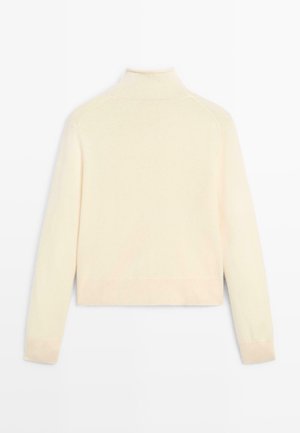 Cremfarbener Pullover mit hohem Kragen, langen Ärmeln, gerippten Bündchen und Saum. Hergestellt aus weichem Strickstoff mit glatter Textur.