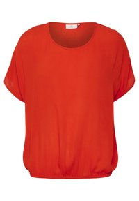 Haut rouge ample avec des manches courtes, un col rond et un ourlet froncé. Fabriqué à partir d'un tissu léger et texturé.