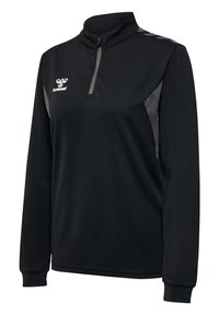 Sort langærmet sportspullover med kvart lynlås, grå sidepaneler og hvid hummel-logo på venstre bryst.