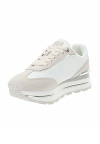 Sneaker da donna con una combinazione di rete bianca e suede grigio chiaro. Suola bianca voluminosa con dettagli argento e finiture testurizzate.