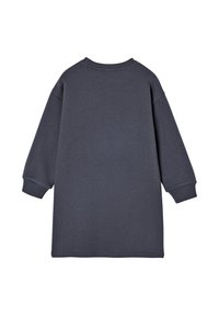 Übergroßes dunkelgraues Sweatshirt-Kleid mit langen Ärmeln, rundem Ausschnitt und gerippten Bündchen, das über eine glatte Stofftextur verfügt.