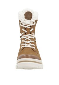 Botín de cuero marrón con forro de lana blanca, puntera redonda y suela texturizada. Presenta cordones blancos y un logotipo circular en la lengüeta.