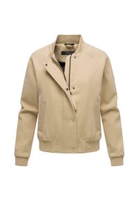 Béžová bomber bunda se zipovým límcem, patentními knoflíky, žebrovanými manžetami a bočními kapsami; vyrobená z měkké, texturované látky.