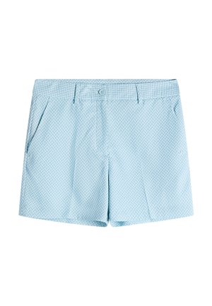 Pantaloncini azzurri chiaro con un piccolo motivo a chevron, passanti per cintura, chiusura frontale con bottone e tasche laterali, mostrati su uno sfondo bianco.