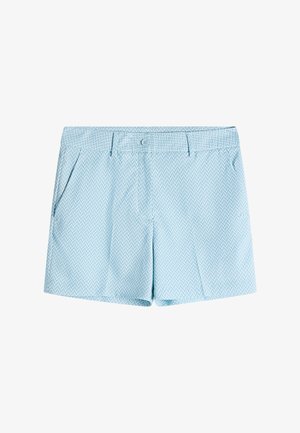 Lichtblauwe short met een klein chevronpatroon, broekriemlussen, een knoopsluiting aan de voorkant en zijzakken, weergegeven op een witte achtergrond.