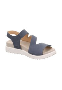 Blå lædersandal med to justerbare remme, åben tå-design og en polstret indersål. Har en hvid, struktureret gummisål.