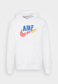 Vit Nike-hoodie med framficka, prydd med en flerfärgad logotyp i blått, orange och gult. Texturerat tyg med dragsko i huvan.
