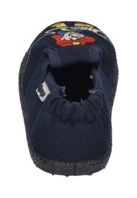 Navyfarbene Stoffschlappen mit elastischem Einstieg, strukturiertem Gummisohle und buntem Cartoon-Charakter-Stickerei auf der Vorderseite.