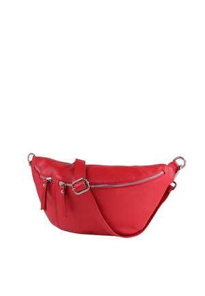 Red leather waist bag with adjustable strap, silver zipper closures, and two front zipper pockets, isolated on white background.