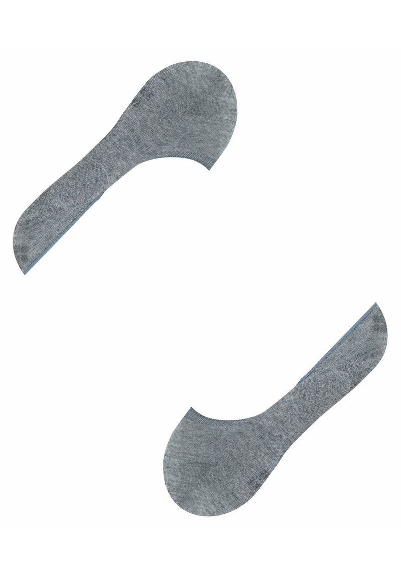 Graue No-Show-Socken mit glatter Textur, runder Spitze und tief ausgeschnittenem Design. Verfügt über verstärkte Kanten für Langlebigkeit und dezente Nähdetails.