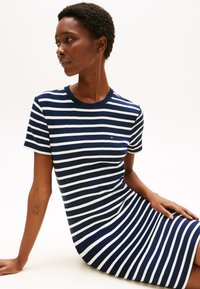 Navy and white striped short-sleeve dress with a round neckline; features a small logo on the chest, fitted design, and soft fabric texture.