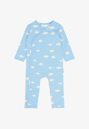 Blue cotton baby bodysuit with long sleeves, featuring a white cloud pattern and snap closures along the front for easy dressing.