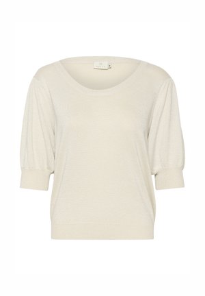 Vaaleanbeige neulepusero, jossa on pyöreä pääntie, lyhyet puffihihat ja ribbireunat. Pehmeä rakenne, jossa on hienovarainen kiilto.