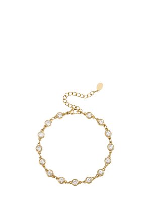 Goldenes Kettenarmband mit gleichmäßig verteilten runden weißen Edelsteinen, mit verstellbarem Verschluss und Verlängerungskette mit kleinem ovalem Anhänger.