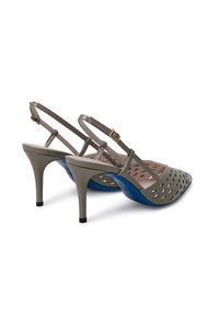 Light gray cut-out pumps with a pointed toe, slender ankle strap, and a blue accent on the sole, featuring a stiletto heel and textured design.