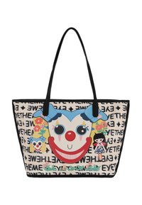 Geantă tote cu un design cu fața unui clovn, având culori vii, accente florale și text negru pe un fundal crem. Mânere negre.