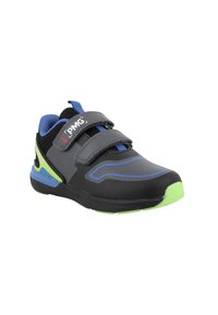 Scarpa sportiva nera con tomaia sintetica grigia, dettagli blu e suola verde. Caratterizzata da cinturini in Velcro e una superficie texturizzata per migliorare la presa.