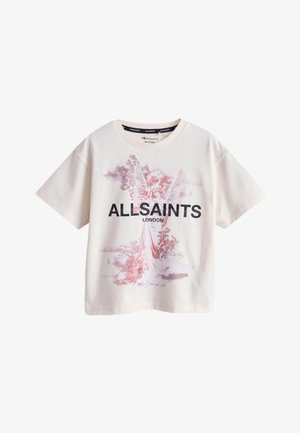 Biała koszulka z krótkim rękawem z nadrukiem anioła i drzewa w różowych odcieniach oraz czarnym napisem „ALLSAINTS LONDON” z przodu.
