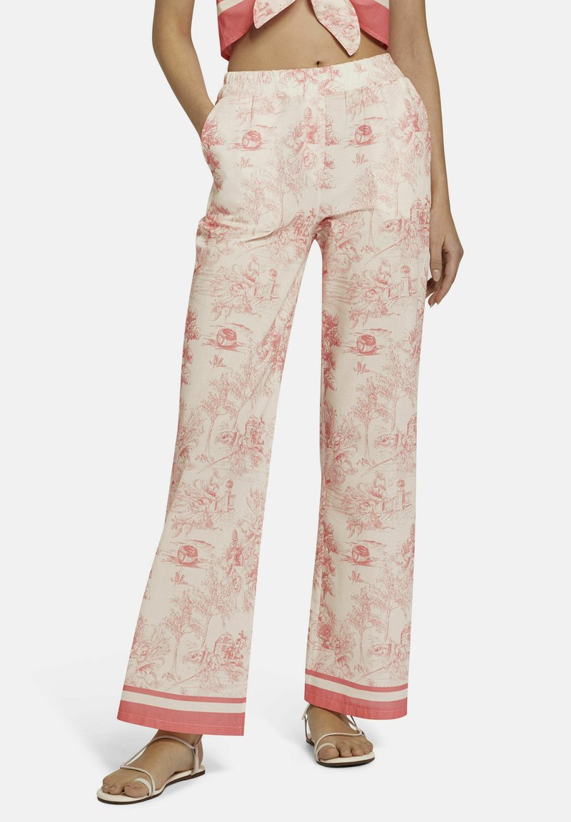 Lichtgewicht roze en crème gebloemde broek met een schilderachtig ontwerp, elastische tailleband, zijzakken en gestreepte zoom. Platte voorkant, wijde pijpen.