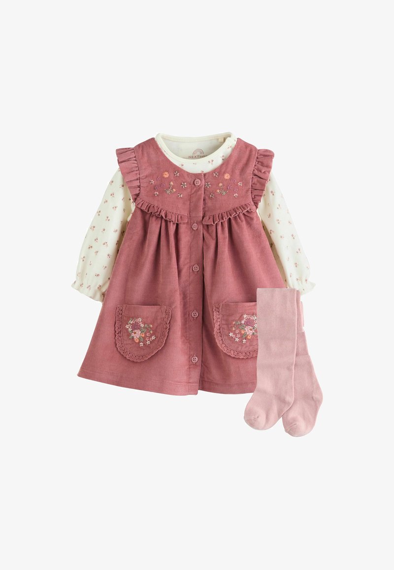 Rosa Cord-Kleid für Babys mit floralem Stickerei, weißes Langarmshirt mit kleinem Blumenmuster und passenden rosa Strumpfhosen.