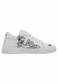 Weiße Sneakers mit einem Cartoon-Charakterdesign. Aus Leder gefertigt, mit einer glatten Textur und einer Gummisohle. Einschließlich gesticktem Logo.