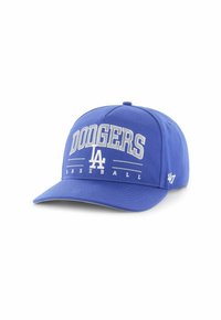 Blaue Baseballkappe mit der Aufschrift "DODGERS" in weißen Buchstaben und dem LA-Logo. Aus Stoff gefertigt, mit einem gebogenen Schirm und einem Sechs-Paneel-Design.