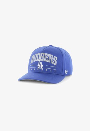 Blue baseball cap featuring "DODGERS" in white lettering and the LA logo. Constructed of fabric with a curved brim and six-panel design.