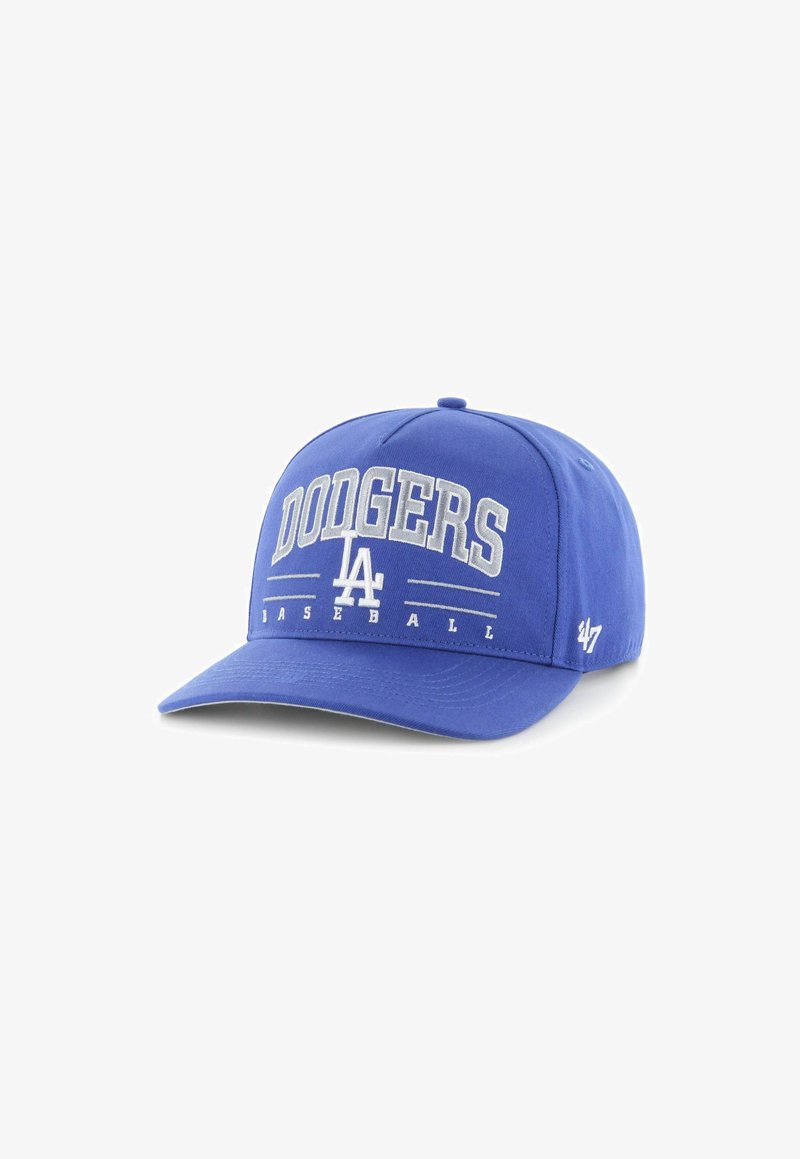 Blaue Baseballkappe mit der Aufschrift "DODGERS" in weißen Buchstaben und dem LA-Logo. Aus Stoff gefertigt, mit einem gebogenen Schirm und einem Sechs-Paneel-Design.